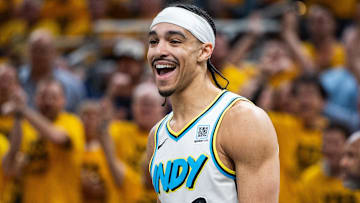 Apr 29, 2025; Indianapolis, Indiana, USA; Indiana Pacers guard Andrew Nembhard (2) celebrates a made basket during game five of the first round for the 2024 NBA Playoffs against the Milwaukee Bucks  at Gainbridge Fieldhouse. Mandatory Credit: Trevor Ruszkowski-Imagn Images