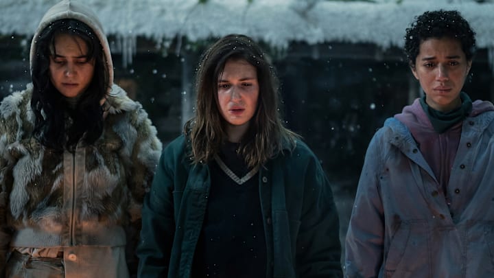 (L-R): Courtney Eaton as Teen Lottie, Sophie Nélisse as Teen Shauna, and Jasmin Savoy Brown as Teen Taissa in Yellowjackets season 2