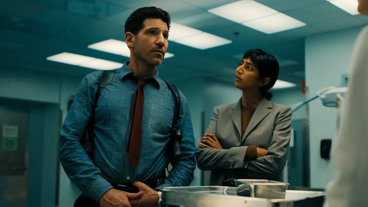 (L to R) Jon Bernthal as Detective Jack Harper and Sunita Mani as Priya in Episode #102 of His & Hers