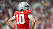 Ohio State Buckeyes quarterback Julian Sayin (10) reacts during the Big Ten Conference championship game against the Indiana Hoosiers at Lucas Oil Stadium in Indianapolis on Dec. 6, 2025. Ohio State lost 13-10.