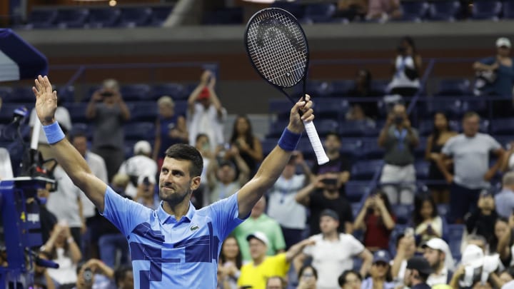 Aug 26, 2024; Flushing, NY, USA; Novak Djokovic (SRB) celebrates after his match against Radu Albot (MDA)(not pictured) in a men's singles match on day one of the 2024 U.S. Open tennis tournament at USTA Billie Jean King National Tennis Center. 