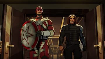 (L-R): Alexei Shostakov/Red Guardian (David Harbour) and Bucky Barnes/Winter Soldier (Sebastian Stan) in Marvel Animation's WHAT IF...? Season 3. Photo courtesy of Marvel Animation. © 2024 MARVEL. All Rights Reserved.