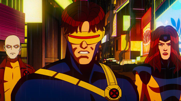 (L-R): Morph (voiced by JP Karliak), Cyclops (voiced by Ray Chase) and Jean Grey (voiced by Jennifer Hale) in Marvel Animation's X-MEN '97. Photo courtesy of Marvel Animation. © 2024 MARVEL.