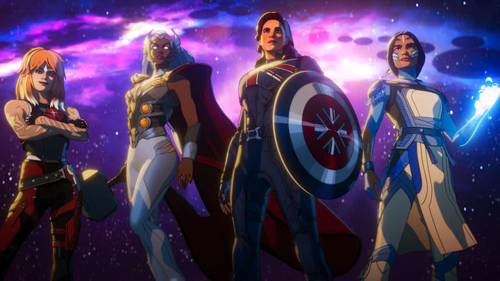 (L-R) Byrdie (Natasha Lyonne), Storm (Alison Sealy-Smith), Captain Carter / Peggy Carter (Hayley Atwell) and Kahhori (Devery Jacobs) in Marvel Animation's WHAT IF...? SEASON 3, exclusively on Disney+. Photo courtesy of Marvel Animation. © 2024 MARVEL. All Rights Reserved.