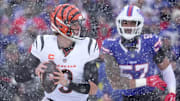 Cincinnati Bengals quarterback Joe Burrow runs away from Buffalo Bills defensive end AJ Epenesa and gets off a pass during first half action at Highmark Stadium in Orchard Park on Dec. 7, 2025.