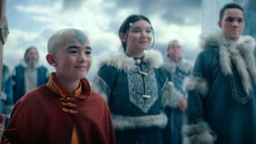 (L to R) Gordon Cormier as Ang, Kiawentiio as Katara, and Ian Ousley as Sokka in season 1 of Avatar: The Last Airbender