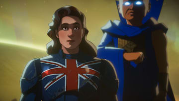 (L-R) Captain Carter / Peggy Carter (Hayley Atwell) and The Watcher / Uatu (Jeffrey Wright) in Marvel Animation's WHAT IF...? SEASON 3, exclusively on Disney+. Photo courtesy of Marvel Animation. © 2024 MARVEL. All Rights Reserved.
