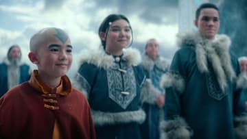 (L to R) Gordon Cormier as Ang, Kiawentiio as Katara, Ian Ousley as Sokka in season 1 of Avatar: The Last Airbender