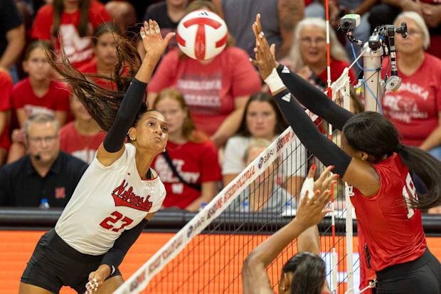 Nebraska outside hitter Harper Murray spikes the ball during the Red-White Scrimmage on Saturday.
