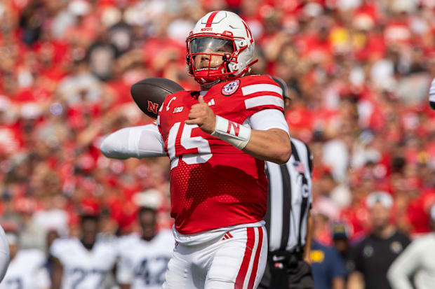 Nebraska quarterback Dylan Raiola fires a pass against Michigan.