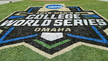 Jun 14, 2019; Omaha, NE, USA; The College World Series logo at TD Ameritrade Park Omaha. Mandatory Credit: Steven Branscombe-Imagn Images