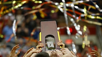 A view of the NCAA Men's Volleyball championship trophy.