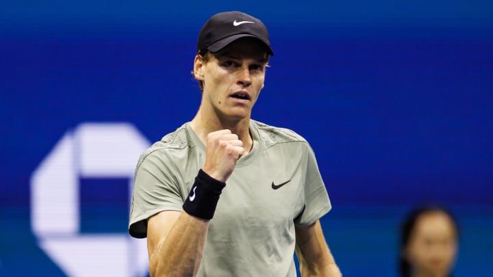 Sep 2, 2024; Flushing, NY, USA; Jannik Sinner of Italy in action against Tommy Paul of the United States on day eight of the 2024 U.S. Open tennis tournament at the USTA Billie Jean King National Tennis Center. Mandatory Credit: Mike Frey-USA TODAY Sports