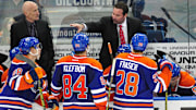 Apr 7, 2015; Edmonton, Alberta, CAN; Edmonton Oilers head coach Todd Nelson is seen out on the players bench as they took on the Los Angeles Kings during the 3rd period at Rexall Place. Mandatory Credit: Walter Tychnowicz-Imagn Images