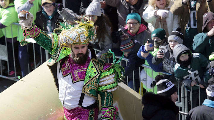 Philadelphia Eagles center Jason Kelce celebrates their first Super Bowl Championship with a parade down Broad Street to the Philadelphia Museum of Art. Philadelphia Eagles center Jason Kelce celebrates their first Super Bowl Championship with a parade down Broad Street to the Philadelphia Museum of Art.