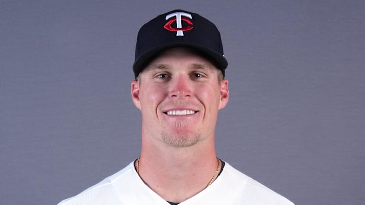 Feb 19, 2026; Lee County, FL, USA; Minnesota Twins center fielder Walker Jenkins (75) poses during photo day at Hammond Stadium. Mandatory Credit: Jim Rassol-Imagn Images