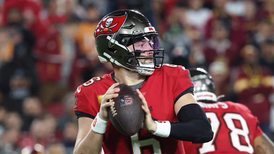 Tampa Bay Buccaneers quarterback Baker Mayfield throws during the second quarter of a NFC wild card playoff against the Washington Commanders. | Kim Klement Neitzel-Imagn Images