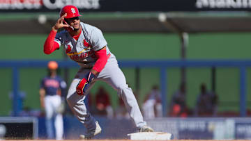 Feb 25, 2024; West Palm Beach, Florida, USA; St. Louis Cardinals center fielder Victor Scott II (91)