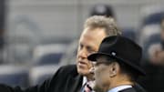 MLB vice president of baseball operations Joe Torre (right) talks with broadcaster Michael Kay before game one of the 2012 ALCS against the Detroit Tigers at Yankee Stadium on Oct. 13, 2012.