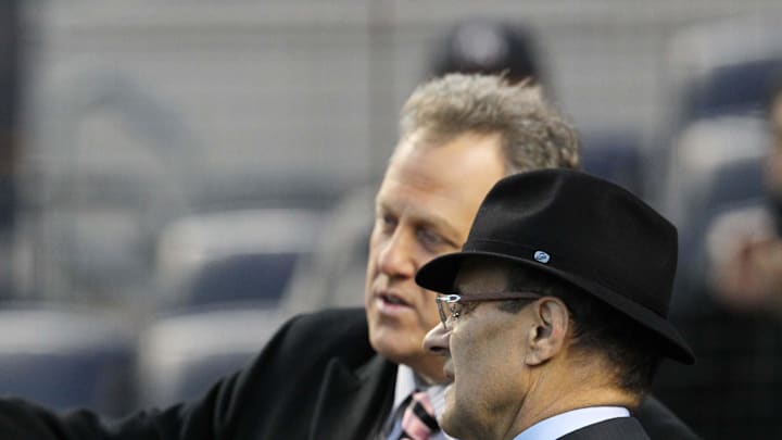 MLB vice president of baseball operations Joe Torre (right) talks with broadcaster Michael Kay before game one of the 2012 ALCS against the Detroit Tigers at Yankee Stadium on Oct. 13, 2012.