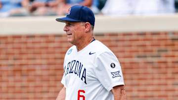 Jun 7, 2025; Chapel Hill, NC, USA; Arizona Head Coach Chip Hale walks out during the third inning of the Super Regionals game against North Carolina in Chapel Hill, North Carolina. Mandatory Credit: Jaylynn Nash-Imagn Images