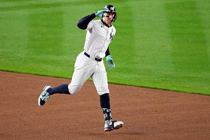 New York Yankees star Aaron Judge celebrates after hitting a home run in Game 4 of the 2024 World Series vs. the Dodgers. 