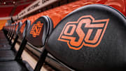 Nov 20, 2023; Stillwater, Oklahoma, USA; Empty court side seats are seen prior to the game between the Oklahoma State Cowboys and the New Orleans Privateers at Gallagher-Iba Arena. Mandatory Credit: William Purnell-Imagn Images