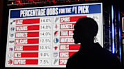 May 12, 2025; Chicago, Illinois, US; A draft prospect during the 2025 NBA Draft Lottery at McCormick Place. Mandatory Credit: David Banks-Imagn Images