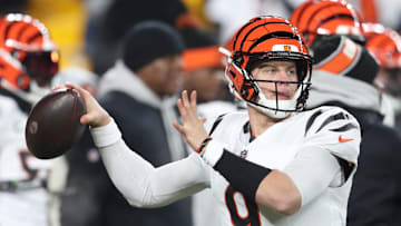 Jan 4, 2025; Pittsburgh, Pennsylvania, USA;  Cincinnati Bengals quarterback Joe Burrow (9) warms up before the game against the Pittsburgh Steelers at Acrisure Stadium. Mandatory Credit: Charles LeClaire-Imagn Images