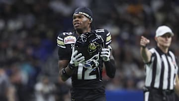 Dec 28, 2024; San Antonio, TX, USA; Colorado Buffaloes wide receiver Travis Hunter (12) reacts after a penalty is called during the second quarter against the Brigham Young Cougars at Alamodome. Mandatory Credit: Troy Taormina-Imagn Images