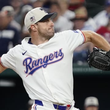 Jul 4, 2024; Arlington, Texas, USA;   Texas Rangers pitcher Max Scherzer (31) throws to the plate during the first inning against the San Diego Padres at Globe Life Field. Mandatory Credit: Raymond Carlin III-USA TODAY Sports
