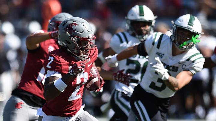 Aug 31, 2024; Pullman, Washington, USA; Washington State Cougars wide receiver Kyle Williams (2) carries the ball for a touchdown against the Portland State Vikings in the second half at Gesa Field at Martin Stadium. Mandatory Credit: James Snook-USA TODAY Sports