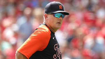 Sep 5, 2021; Cincinnati, Ohio, USA; Detroit Tigers manager A.J. Hinch (14) walks from the mound after a pitching change against the Cincinnati Reds during the sixth inning at Great American Ball Park. Mandatory Credit: David Kohl-Imagn Images