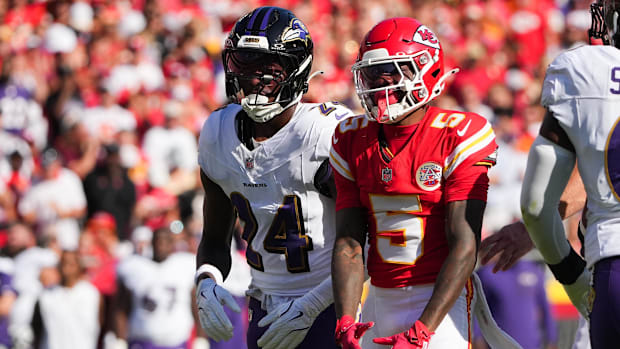 Kansas City Chiefs wide receiver Hollywood Brown (5) celebrates after making a catch against the Baltimore Ravens in Week 4.