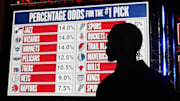 May 12, 2025; Chicago, Illinois, US; A draft prospect during the 2025 NBA Draft Lottery at McCormick Place. Mandatory Credit: David Banks-Imagn Images