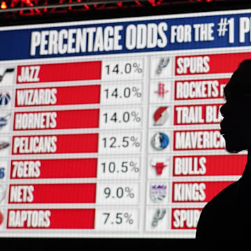 May 12, 2025; Chicago, Illinois, US; A draft prospect during the 2025 NBA Draft Lottery at McCormick Place. Mandatory Credit: David Banks-Imagn Images
