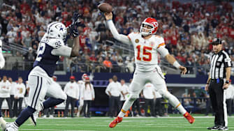 Nov 27, 2025; Arlington, Texas, USA; Kansas City Chiefs quarterback Patrick Mahomes (15) throws a pass for a touchdown