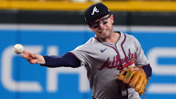 Apr 25, 2025; Phoenix, Arizona, USA; Atlanta Braves shortstop Nick Allen (2) makes the playa gainst the Arizona Diamondbacks in the fourth inning at Chase Field. Mandatory Credit: Rick Scuteri-Imagn Images