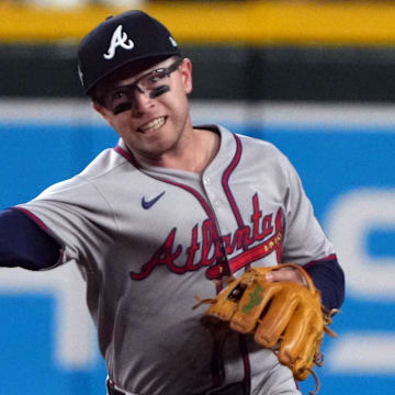 Apr 25, 2025; Phoenix, Arizona, USA; Atlanta Braves shortstop Nick Allen (2) makes the playa gainst the Arizona Diamondbacks in the fourth inning at Chase Field. Mandatory Credit: Rick Scuteri-Imagn Images