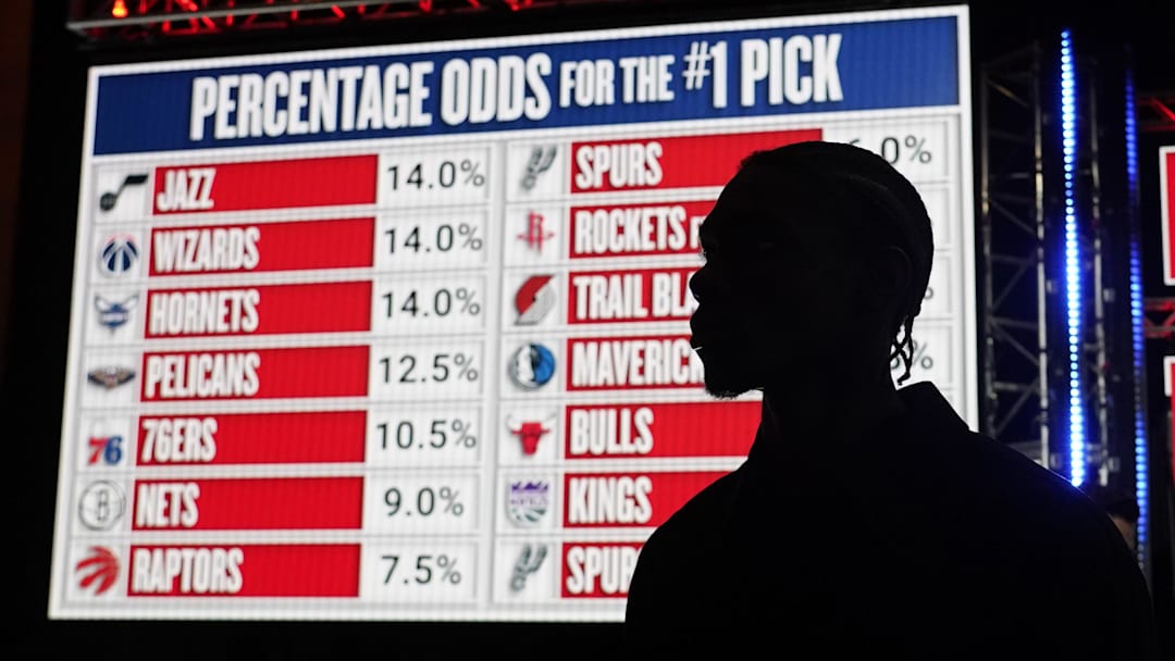 May 12, 2025; Chicago, Illinois, US; A draft prospect during the 2025 NBA Draft Lottery at McCormick Place. Mandatory Credit: David Banks-Imagn Images
