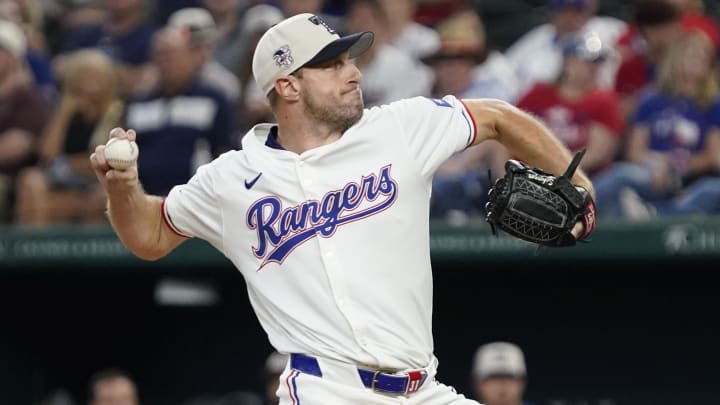 Jul 4, 2024; Arlington, Texas, USA;   Texas Rangers pitcher Max Scherzer (31) throws to the plate during the first inning against the San Diego Padres at Globe Life Field. Mandatory Credit: Raymond Carlin III-USA TODAY Sports
