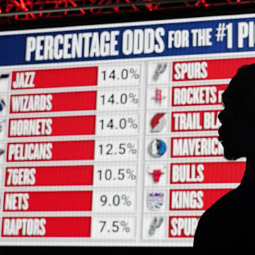 May 12, 2025; Chicago, Illinois, US; A draft prospect during the 2025 NBA Draft Lottery at McCormick Place. Mandatory Credit: David Banks-Imagn Images