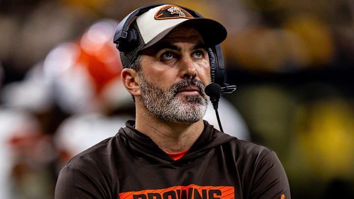 Nov 17, 2024; New Orleans, Louisiana, USA;  Cleveland Browns head coach Kevin Stefanski looks on against the New Orleans Saints during the first half at Caesars Superdome. Mandatory Credit: Stephen Lew-Imagn Images