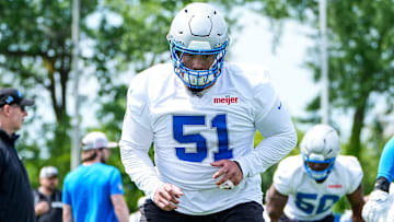 Detroit Lions defensive tackle Roy Lopez (51) practices during OTA at Meijer Performance Center in Allen Park on Friday, May 30, 2025.