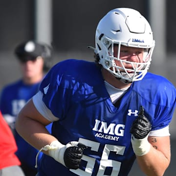 Offensive linemen Breck Kolojay (#66) and Pepe Keenyi (#71) during practice on Friday, Aug. 2, 2024 on IMG Academy Football Media Day in Bradenton, Florida.