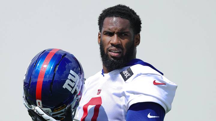 Jul 23, 2025; East Rutherford, NJ, USA; New York Giants linebacker Brian Burns (0) looks on during training camp at Quest Diagnostics Training Center. Mandatory Credit: Vincent Carchietta-Imagn Images