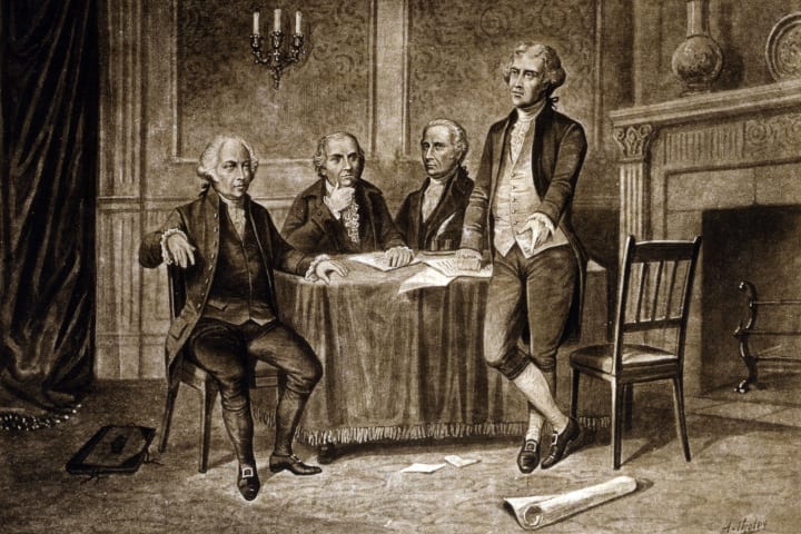 John Adams, Gouverneur Morris, Alexander Hamilton, and Thomas Jefferson.