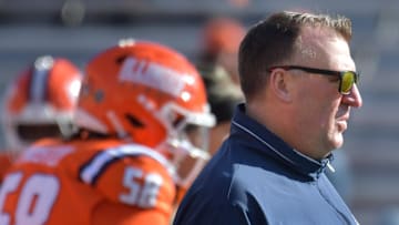 Nov 2, 2024; Champaign, Illinois, USA;  Illinois Fighting Illini head coach Bret Bielema before a game with the Minnesota Golden Gophers at Memorial Stadium. Mandatory Credit: Ron Johnson-Imagn Images