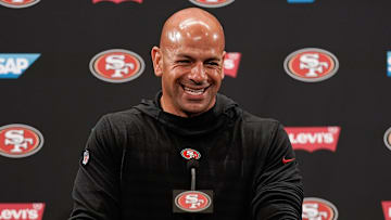 Jul 27, 2019; Santa Clara, CA, USA; San Francisco 49ers defensive coordinator Robert Saleh speaks to the media after  training camp at Levi's Stadium. Mandatory Credit: Stan Szeto-Imagn Images