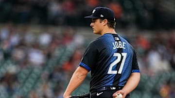 Detroit Tigers pitcher Jackson Jobe (21) looks before throwing against Kansas City Royals during the second inning at Comerica Park in Detroit on Friday, April 18, 2025